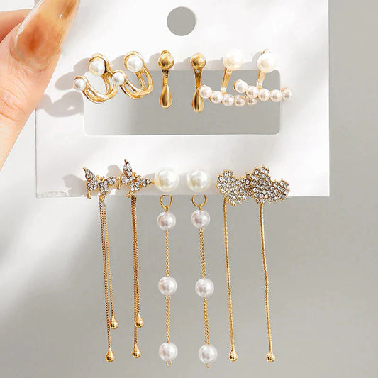 Pack of 6 White & Gold Pearl Earrings