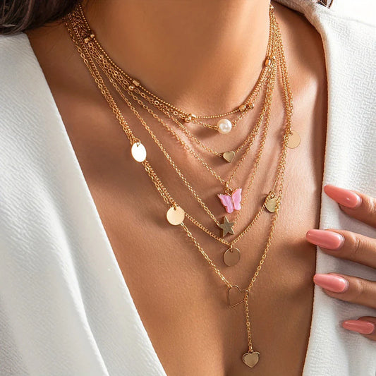 Pack of 7 Star Heart Butterfly Necklace Set