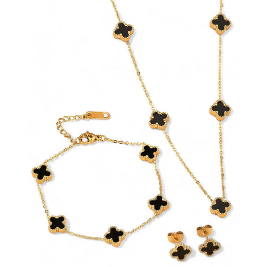 Gold-Plated Black Clover Jewellery Set (Anti-Tarnish)