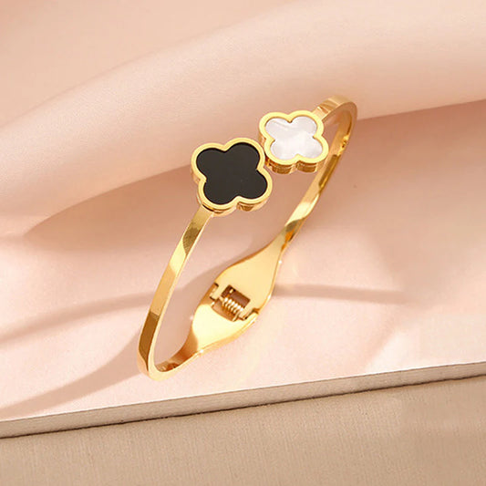 Clover Charm Dual Gold Bangle  Bracelet (Anti-Tarnish)