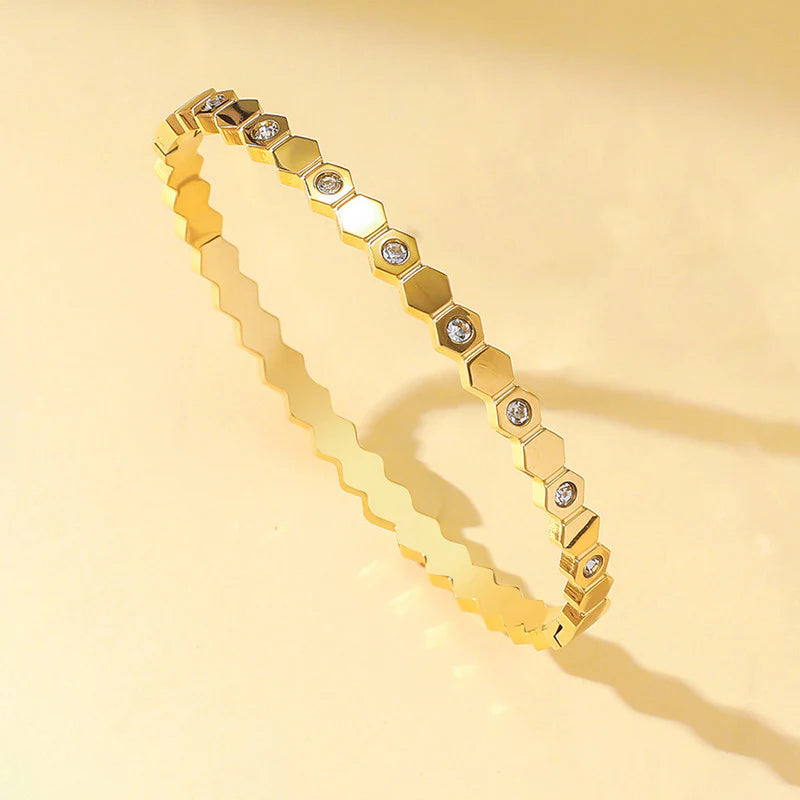 Gold-Plated AD Bangle-Style Hexagonal Anti Tarnish Bracelet