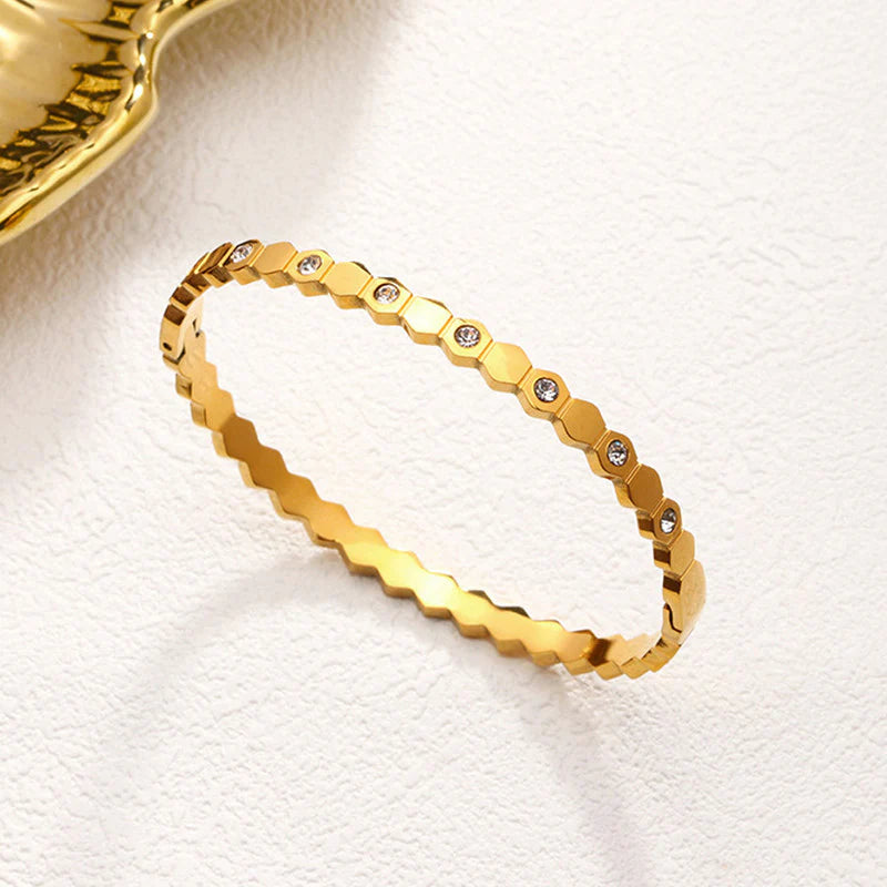 Gold-Plated AD Bangle-Style Hexagonal Anti Tarnish Bracelet