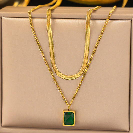 Green Emerald Layered Necklace - Anti-Tarnish Stainless Steel