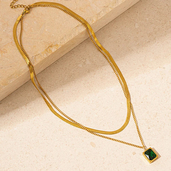 Green Emerald Layered Necklace - Anti-Tarnish Stainless Steel