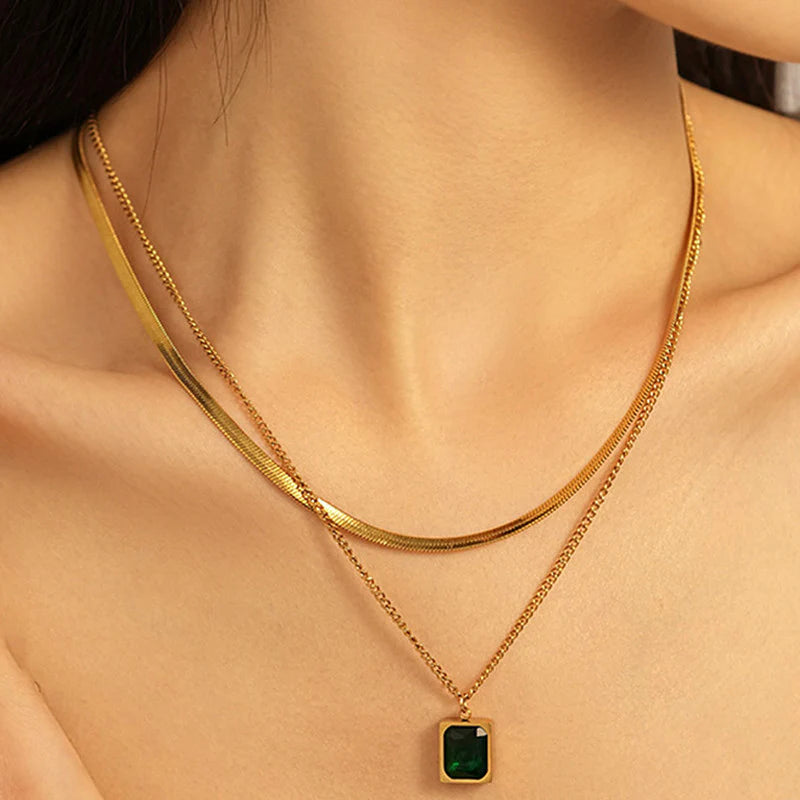 Green Emerald Layered Necklace - Anti-Tarnish Stainless Steel