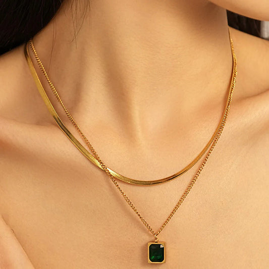 Green Emerald Layered Necklace - Anti-Tarnish Stainless Steel