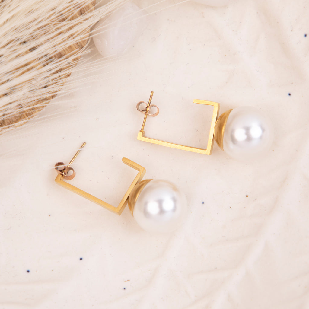 Square Pearl Hoop Earrings