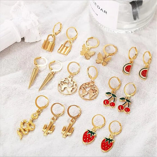 Pack of 9 Multi-Coloured Gold Earrings