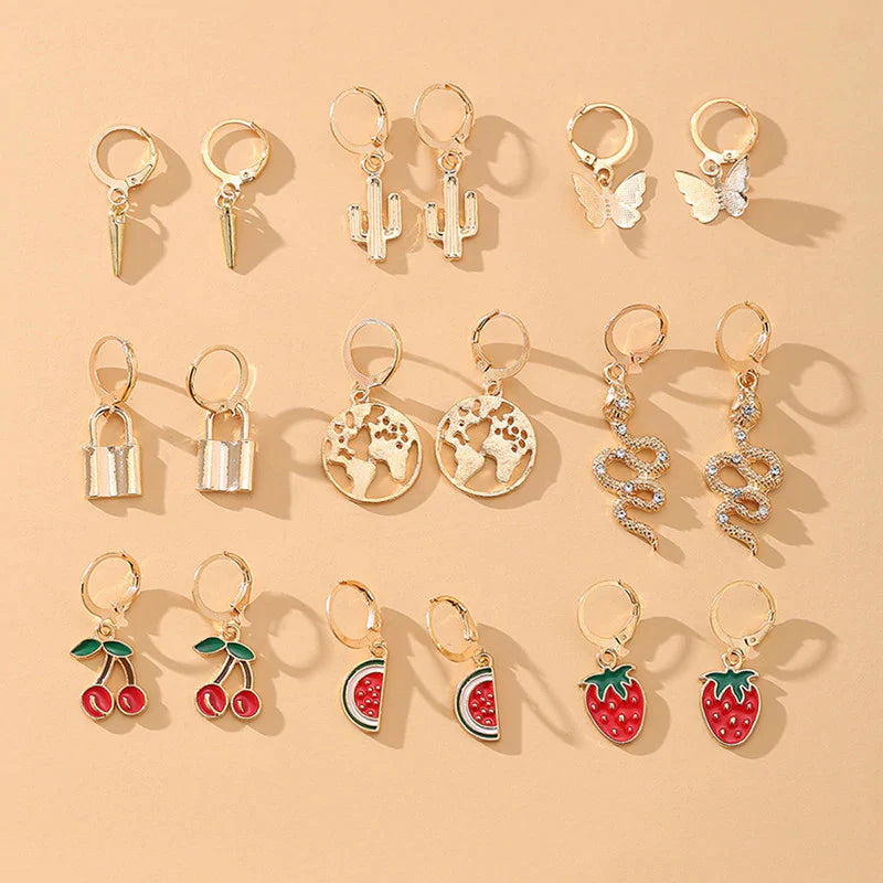 Pack of 9 Multi-Coloured Gold Earrings