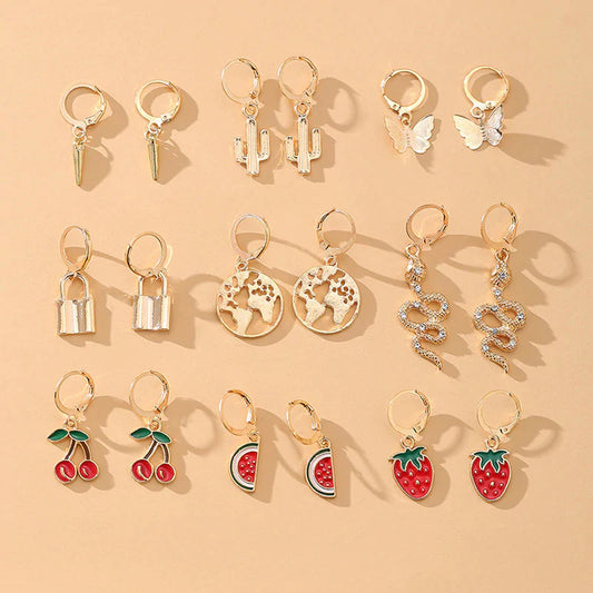 Pack of 9 Multi-Coloured Gold Earrings