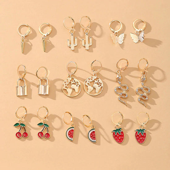 Pack of 9 Multi-Coloured Gold Earrings