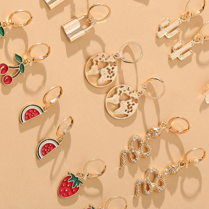 Pack of 9 Multi-Coloured Gold Earrings