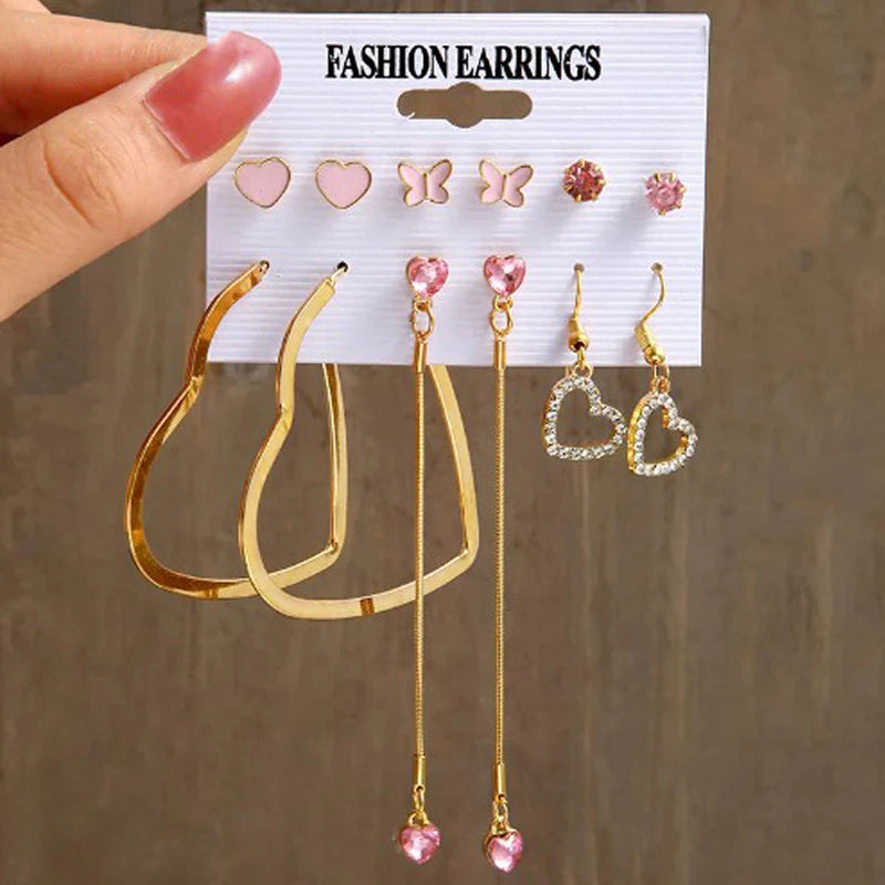 Pack of 6 Heart-Inspired Pink & Gold Earrings Combo