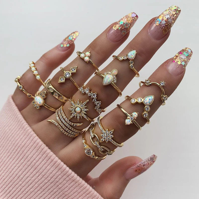 Floral AD Gold-Plated Ring Set – Pack of 17