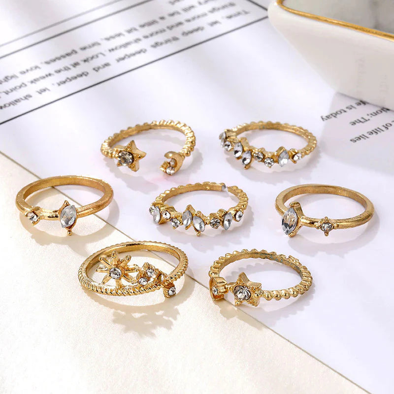 Moon & Star Gold-Plated Stackable Rings – Pack of 7