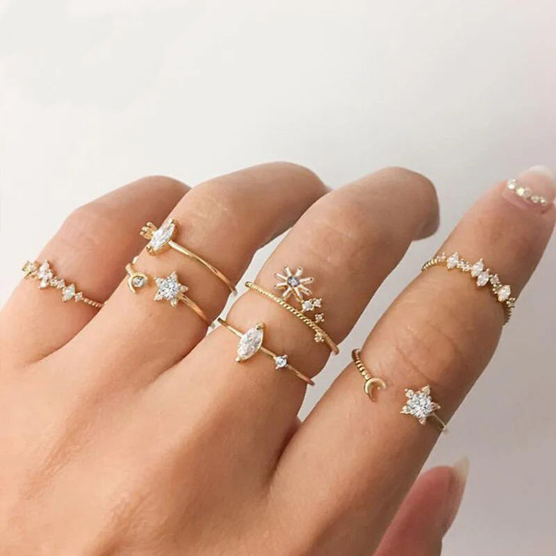 Moon & Star Gold-Plated Stackable Rings – Pack of 7