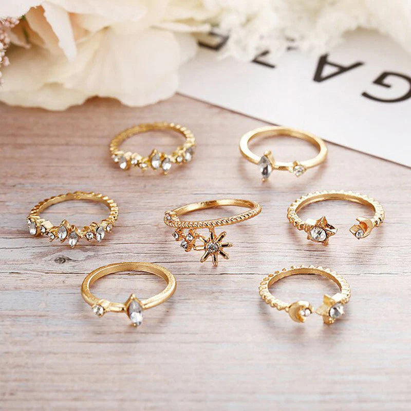 Moon & Star Gold-Plated Stackable Rings – Pack of 7