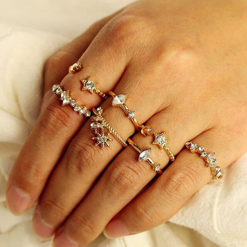 Moon & Star Gold-Plated Stackable Rings – Pack of 7