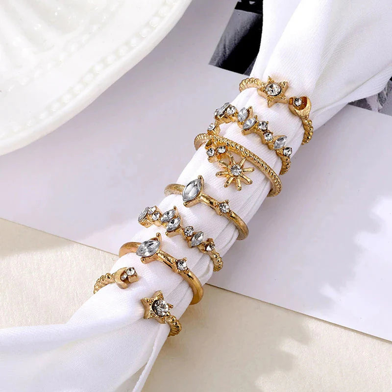 Moon & Star Gold-Plated Stackable Rings – Pack of 7