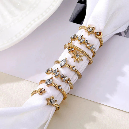 Moon & Star Gold-Plated Stackable Rings – Pack of 7