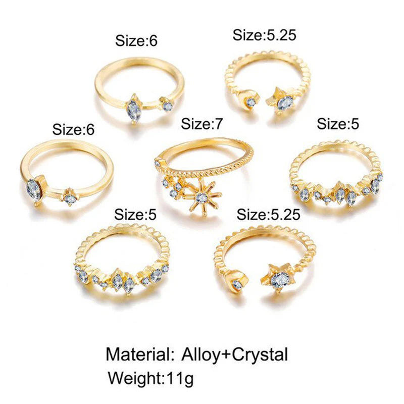 Moon & Star Gold-Plated Stackable Rings – Pack of 7