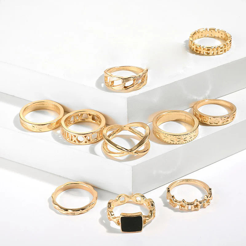 Set of 13 Modern Gold Stack Rings