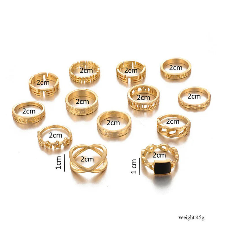 Set of 13 Modern Gold Stack Rings