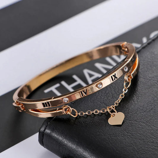 Gold Plated Roman Numbers engraved Stone Studded Korean Bracelet For Women and Girls