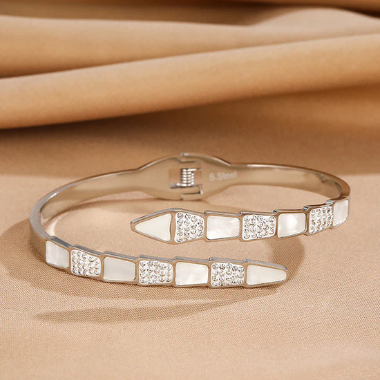 Stainless Steel Silver Plated Mother of Pearl Snake Styled AD Studded Anti-Tarnish Bracelet For Women