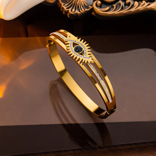 Stainless Steel Gold Plated American Diamond Studded Evil Eye Anti-Tarnish Bracelet For Women