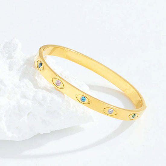 Stainless Steel Gold-Plated Multicolor American Diamond Evil Eye Bangle-Style Anti-Tarnish Bracelet For Women
