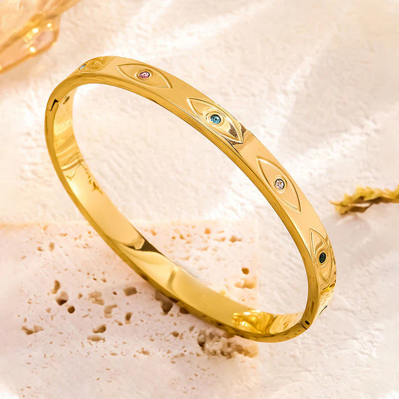 Stainless Steel Gold-Plated Multicolor American Diamond Evil Eye Bangle-Style Anti-Tarnish Bracelet For Women